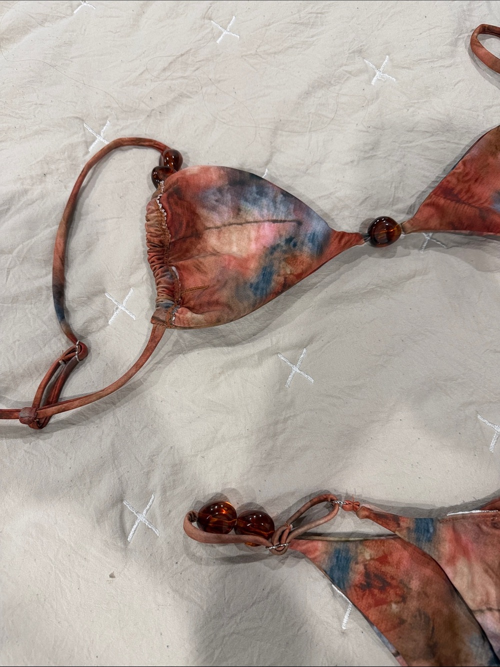 Tie-Dye Orange Blue Brown Beaded Triangle Bikini Set - Women Swim - Picture 3 of 3